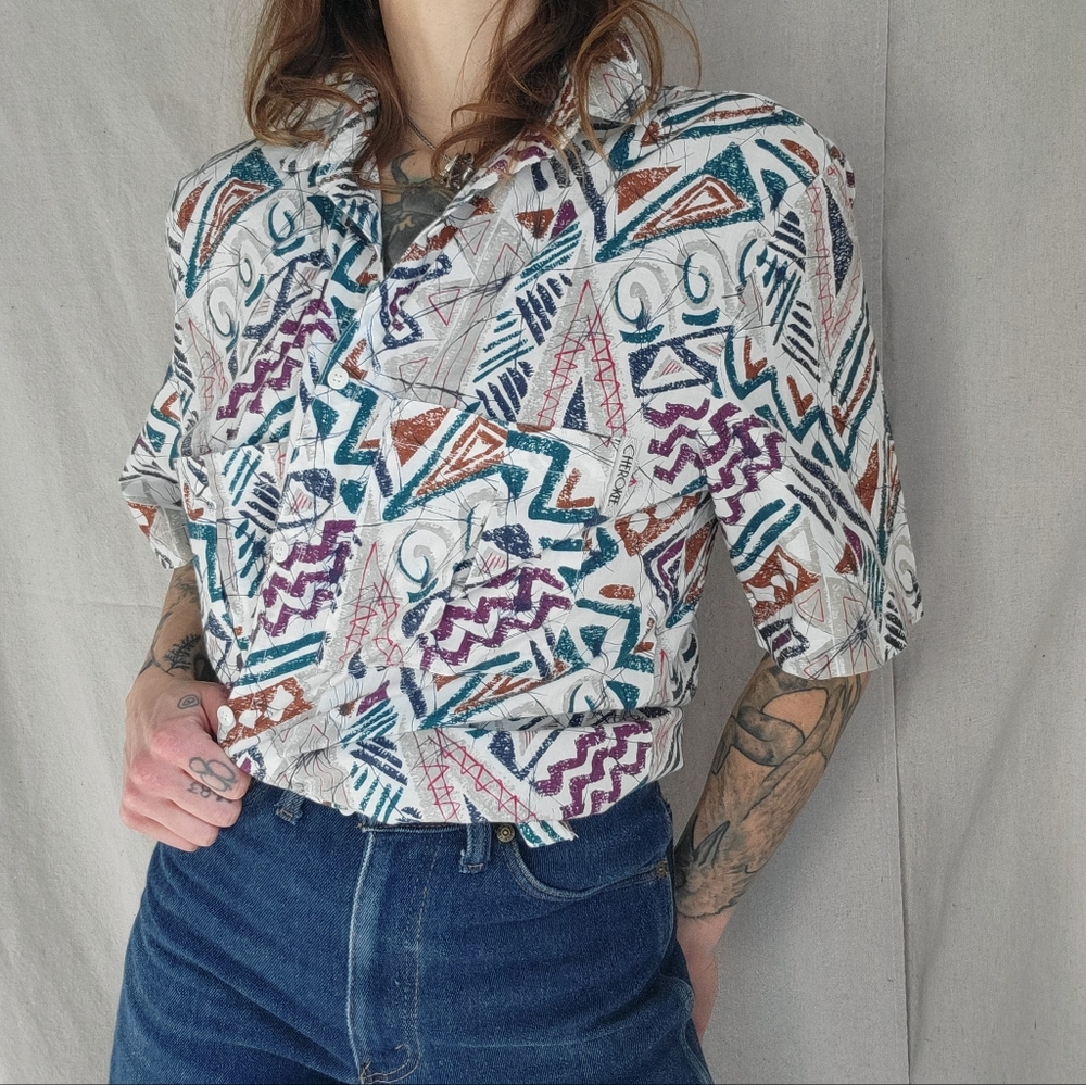 Vintage 80's Cherokee Geometric Abstract Button Up Shirt Size Medium